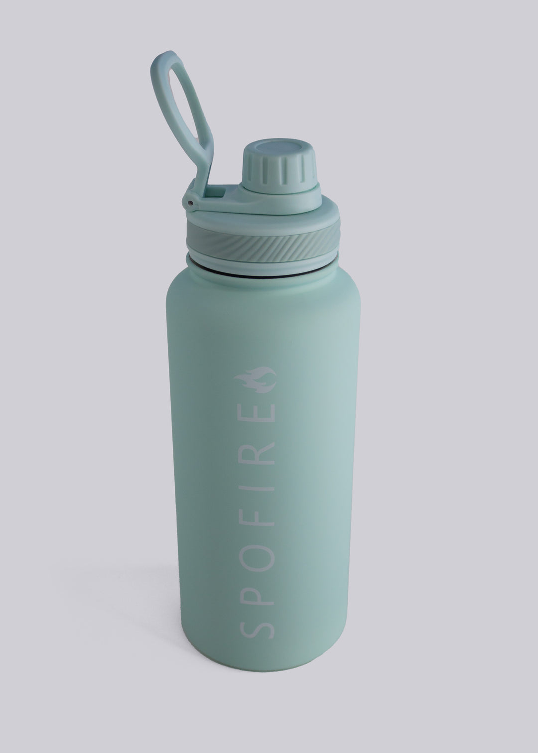 A green 1L water bottle with the brand name 'SPOFIRE' written on it, equipped with a straw and a cap.